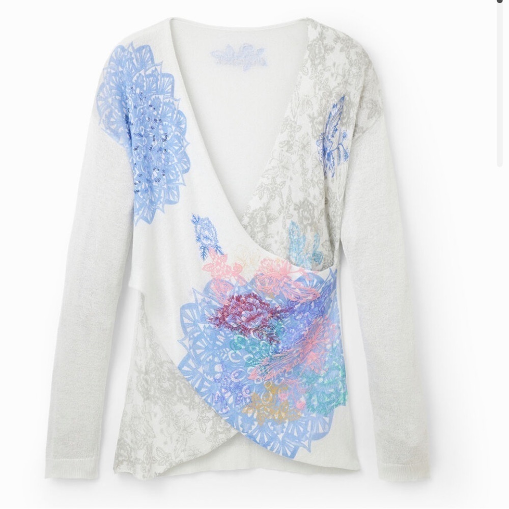 DESIGUAL mesh sheering v neck cross over metallic long sleeve top small new